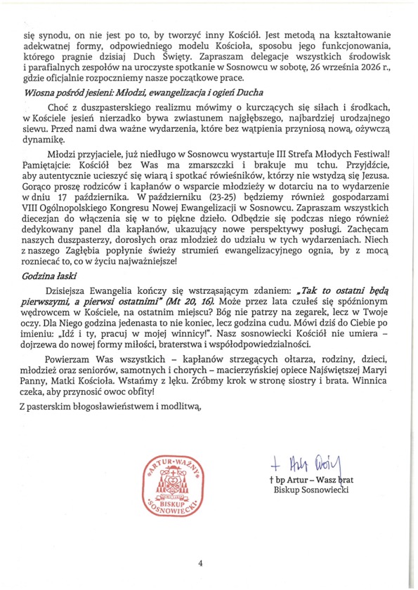 List Pasterski biskupa Artura na XXV Niedzielę 4